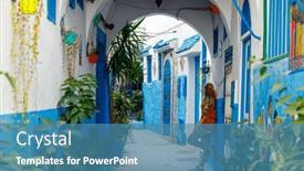  Presentation with morocco - PPT layouts consisting of woman-tourist-in-tanger-street background and a teal colored foreground