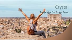  Presentation with tourist - PPT theme having woman-tourist-in-toledo-city background and a sky blue colored foreground