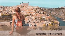  Presentation with view of rotterdam city - Slide deck consisting of woman-tourist-in-toledo-looking background and a  colored foreground