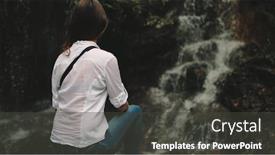  Presentation with waterfall woman - Presentation theme enhanced with woman-tourist-look-at-splashing background and a dark gray colored foreground