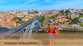  Presentation with tourist - PPT theme having woman-tourist-lookgin-at-panoramic background and a coral colored foreground
