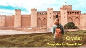  Presentation with tourist - Presentation enhanced with woman-tourist-looking-at-aljaferia background and a tawny brown colored foreground