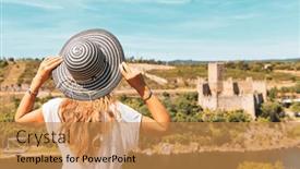  Presentation with tourist - PPT theme consisting of woman-tourist-looking-at-almourol background and a gold colored foreground