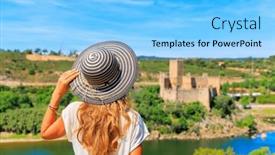  Presentation with tourist - PPT theme consisting of woman-tourist-looking-at-almourol background and a light blue colored foreground
