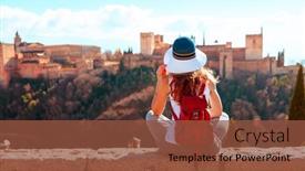  Presentation with arabic woman - Slide deck enhanced with woman-tourist-looking-at-ancient background and a tawny brown colored foreground