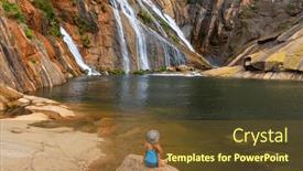  Presentation with waterfall woman - Presentation theme having woman-tourist-looking-at-impressive background and a tawny brown colored foreground