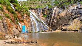  Presentation with waterfall woman - Presentation theme enhanced with woman-tourist-looking-at-impressive background and a coral colored foreground