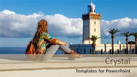  Presentation with lighthouse - PPT theme consisting of woman-tourist-looking-at-lighthouse background and a soft green colored foreground