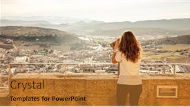  Presentation with telescope - PPT layouts enhanced with woman-tourist-looking-at-panoramic background and a gold colored foreground