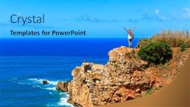  Presentation with lighthouse - Slide set enhanced with woman-tourist-looking-at-panoramic background and a cyan colored foreground