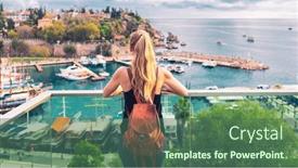  Presentation with panoramic - Presentation theme consisting of woman-tourist-looking-at-panoramic and a ocean colored foreground