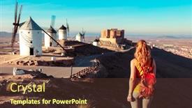  Presentation with windmills - Presentation theme featuring woman-tourist-looking-at-windmills background and a tawny brown colored foreground
