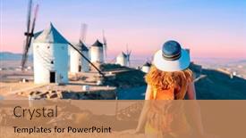  Presentation with windmills - PPT theme featuring woman-tourist-looking-at-windmills background and a coral colored foreground