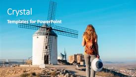  Presentation with windmills - Presentation theme having woman-tourist-looking-at-windmills background and a teal colored foreground