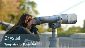  Presentation with binocular - PPT theme with woman-tourist-looking-though background and a ocean colored foreground