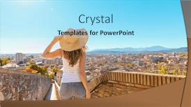  Presentation with tourist - PPT layouts having woman-tourist-on-city-wall background and a arctic colored foreground