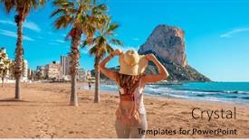  Presentation with little beach cala esmeralda cala - Presentation design with woman-tourist-on-the-tropical background and a coral colored foreground