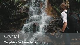  Presentation with waterfall woman - Beautiful presentation theme featuring woman-tourist-reach-out backdrop and a gray colored foreground