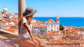  Presentation with tourist - Presentation design enhanced with woman-tourist-sitting-on-balcony background and a coral colored foreground