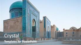  Presentation with building uzbekistan - Slide set with woman-tourist-stands-near background and a seafoam green colored foreground