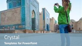  Presentation with building uzbekistan - Amazing PPT layouts having woman-tourist-stands-near backdrop and a teal colored foreground