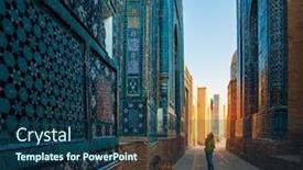  Presentation with building uzbekistan - PPT theme with woman-tourist-stands-near background and a ocean colored foreground