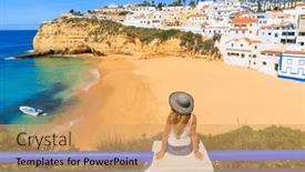  Presentation with algarve - Presentation design with woman-tourist-travel-in-portugal background and a coral colored foreground