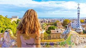  Presentation with logo barcelona - Presentation theme consisting of woman-tourist-traveling-in-spain background and a gold colored foreground