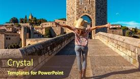  Presentation with tourist - Presentation theme enhanced with woman-tourist-visiting-besalu-catalonia background and a tawny brown colored foreground