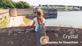  Presentation with on visiting to thirupathi - PPT theme with woman-tourist-visiting-castle background and a violet colored foreground