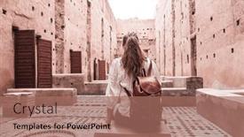  Presentation with morocco - PPT theme consisting of woman-tourist-visiting-old-ruin background and a coral colored foreground