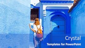 Presentation with morocco - PPT theme consisting of woman-tourist-walking-in-blue background and a cobalt blue colored foreground
