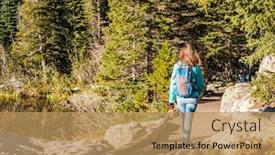  Presentation with walking trail - Presentation theme consisting of woman tourist walking on trail near bear lake at autumn in rocky mountain national park colorado usa background and a coral colored foreground