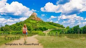  Presentation with tourist - Slide deck enhanced with woman-tourist-walking-to-solutre and a gold colored foreground