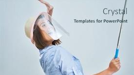  Presentation with shield - Presentation design featuring woman-tourist-wearing-protective-shield background and a sky blue colored foreground