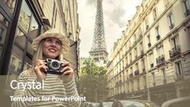  Presentation with woman world - Amazing theme having woman tourist with camera on the street near the eiffel tower in paris under sunlight and blue sky famous popular touristic place in the world backdrop and a coral colored foreground