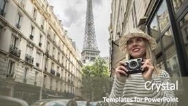  Presentation with woman world - PPT layouts with woman tourist with camera on the street near the eiffel tower in paris under sunlight and blue sky famous popular touristic place in the world background and a gray colored foreground