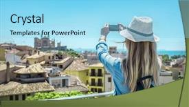  Presentation with mobile phone in woman hand - Cool new presentation theme with woman tourist with her phone backdrop and a arctic colored foreground