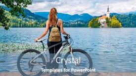  Presentation with mountain bike - Presentation design having woman-tourist-with-mountain-bike and a  colored foreground