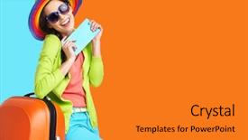  Presentation with tourist - Colorful presentation design enhanced with woman tourist with travel suitcase backdrop and a gold colored foreground