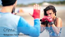  Presentation with coach - Presentation theme consisting of woman-training-kickbox background and a light blue colored foreground