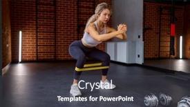  Presentation with band - Presentation theme having woman-training-with-fitness-rubber background and a dark gray colored foreground