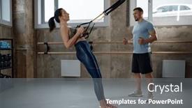  Presentation with sport coach - PPT theme with woman-training-with-suspension-straps background and a gray colored foreground