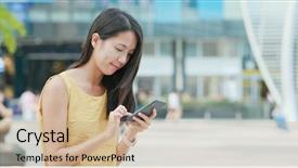  Presentation with cheerful stylish city girl using - PPT layouts featuring woman travel in shenzhen city background and a coral colored foreground