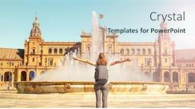  Presentation with traveler - PPT layouts with woman-traveler-in-seville-plaza background and a sky blue colored foreground