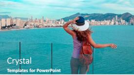  Presentation with traveler - Presentation design having woman-traveler-in-spain-benidorm background and a teal colored foreground