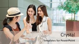  Presentation with good byes - Colorful presentation theme enhanced with woman traveler saying good bye backdrop and a soft green colored foreground