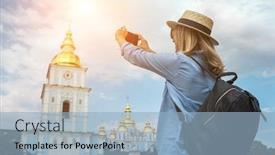  Presentation with european church - Beautiful slides featuring woman-traveler-tourist-using-smartphone backdrop and a light blue colored foreground