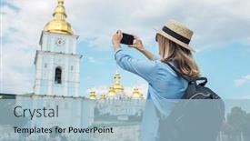  Presentation with european church - PPT theme having woman-traveler-tourist-using-smartphone background and a light blue colored foreground