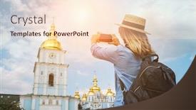  Presentation with european church - Theme consisting of woman-traveler-tourist-using-smartphone background and a lemonade colored foreground